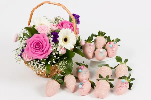 Rose Basket with 12 Pink Summer Strawberries